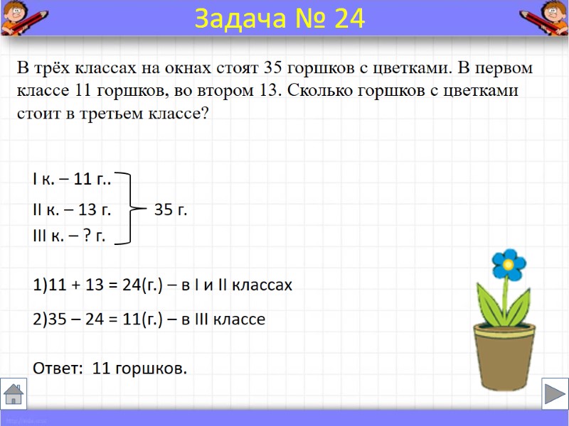 В трёх классах на окнах стоят 35 горшков с цветками. В первом классе 11